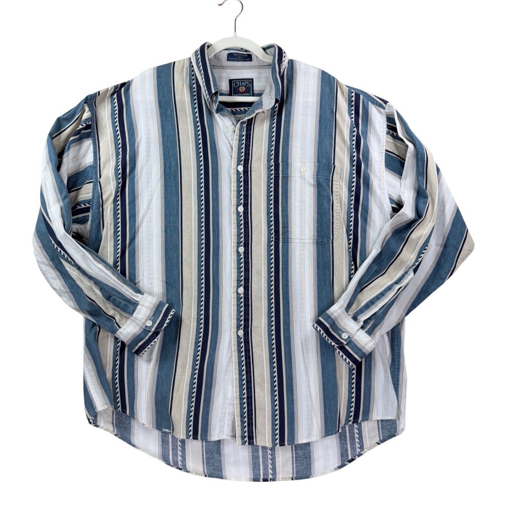 Chaps Ralph Lauren Button Up Mens XL Blue Tan Striped Vintage Cotton Shirt